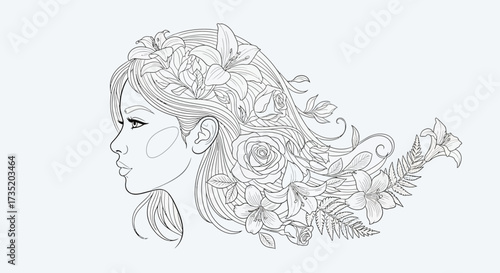 Elegant woman's portrait with floral hair ornament in a monochrome graphic style