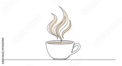 Continuous line drawing of a cup of coffee with steam rising offering warmth and comfort ideal for