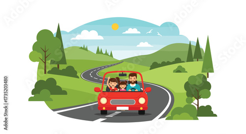A happy family enjoys a scenic road trip through the rolling green countryside on a sunny day.