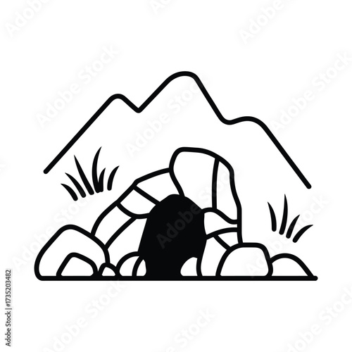 A simple line drawing of a cave entrance in front of a mountain, the cave is surrounded by rocks and grass, creating a natural scene