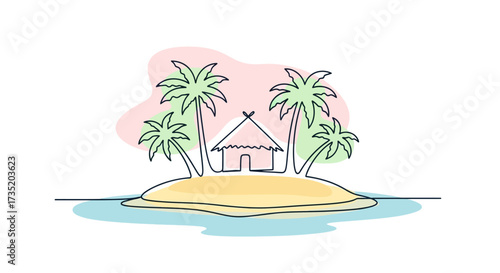 Tropical island paradise sketch illustration with palm trees and beach hut in single line style