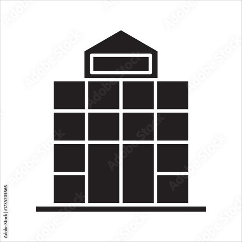 uilding icon isolated on white background, Building icon in line black flat house, office, bank, hotel, shop, university, city, hospital symbols.
