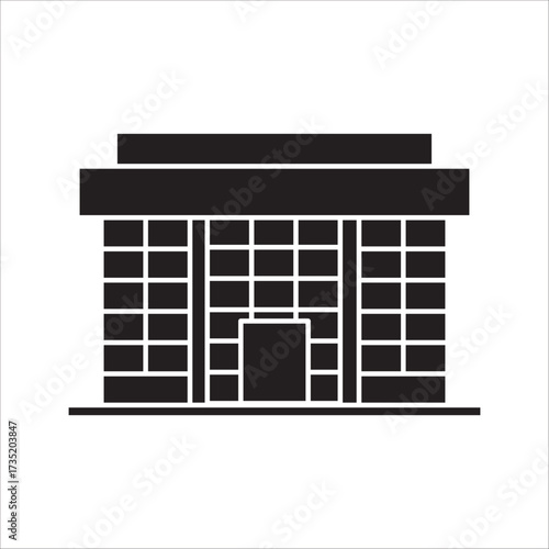 uilding icon isolated on white background, Building icon in line black flat house, office, bank, hotel, shop, university, city, hospital symbols.