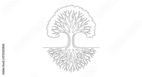 Minimalist tree of life illustration showcasing roots, branches, and connection with nature