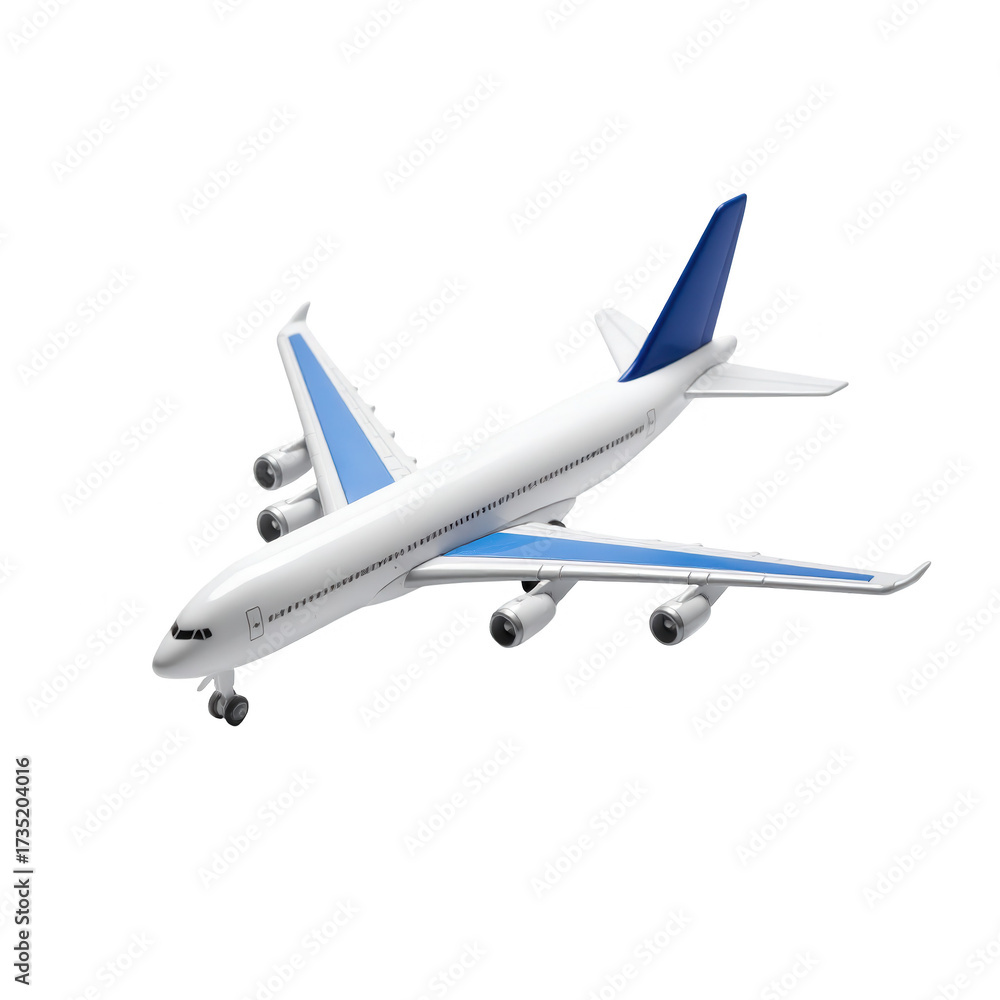 Obraz premium An overhead view showcases a detailed aircraft model against a stark black background, highlighting the plane's white fuselage accented with vibrant blue wings and tail, demonstrating intricate...