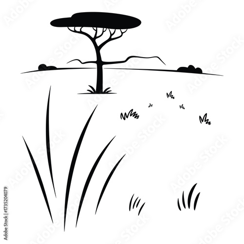 A serene savanna landscape, featuring a solitary acacia tree, tall grasses, and faint animal tracks, evoking a sense of peaceful wilderness