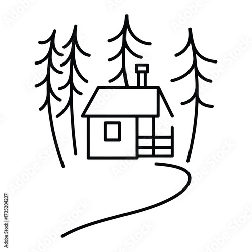 A cozy cabin nestled in a serene forest, surrounded by tall pine trees and a winding path, evoking a sense of peaceful retreat