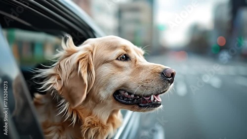 Golden retriever dog enjoying ride with head out of car window