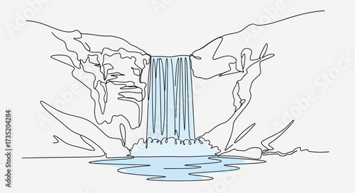 Elegant line art illustration of a majestic waterfall cascading down rocky cliffs revealing