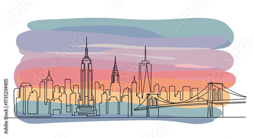 Watercolor skyline of New York City at sunset with iconic buildings in simple drawing