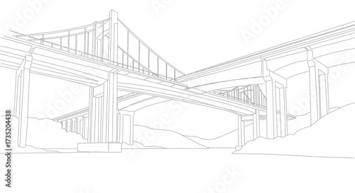 Detailed line drawing of a complex bridge structure with strong geometric lines