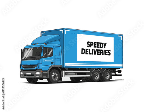 Blue Delivery Truck with 'Speedy Deliveries' Text on White Rectangle, Transportation Concept for Logistics, Express Shipping