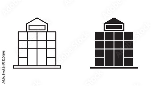 uilding icon isolated on white background, Building icon set in line black flat house, office, bank, hotel, shop, university, city, hospital symbols.