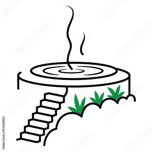 Illustration of a hot tub with steam rising, stairs leading up to it, and plants around the base, perfect for spa or relaxation themes