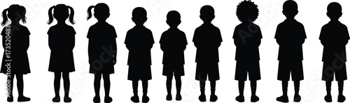 Silhouette of children standing in row, boys and girls group, teamwork, friendship, childhood concept, diverse kids unity, education, family