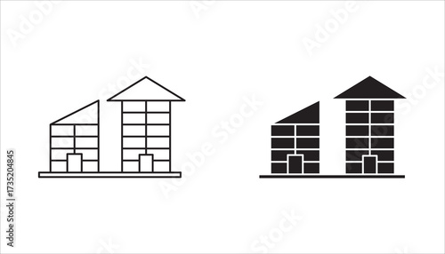 uilding icon isolated on white background, Building icon set in line black flat house, office, bank, hotel, shop, university, city, hospital symbols.
