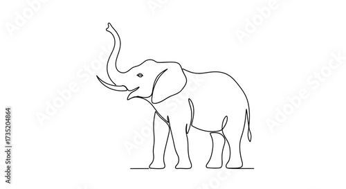 Elegant continuous line drawing of an African elephant with raised trunk showcasing simplicity and