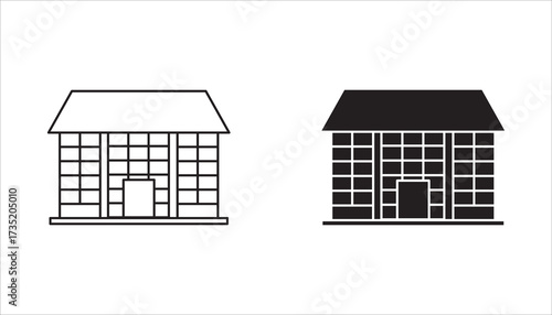 uilding icon isolated on white background, Building icon set in line black flat house, office, bank, hotel, shop, university, city, hospital symbols.