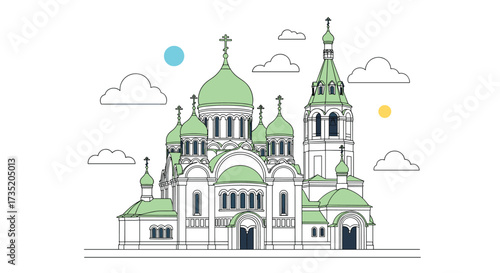 A stylized illustration of a grand cathedral with green domes set against a cloudy sky.