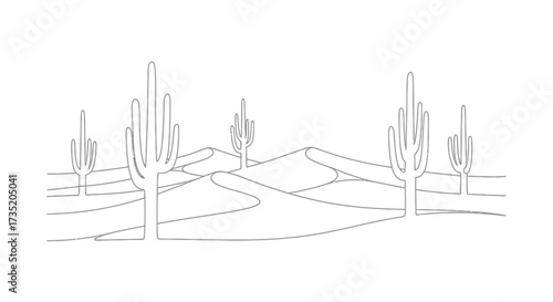 Minimalist desert landscape illustration featuring cacti and rolling dunes with a serene and