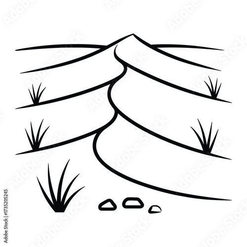 Hand drawn sketch of a sand dune the dune has grass growing on it and some small rocks at the bottom of the dune