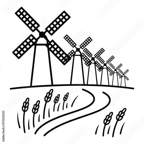 Hand drawn sketch of a row of windmills there is a path leading to the windmills and some wheat growing in the field