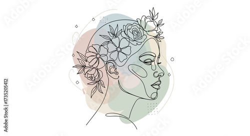 Elegant line art illustration of a woman adorned with flowers with soft pastel shapes backdrop