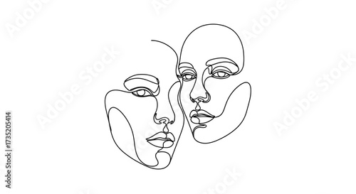 Elegant continuous line drawing of two female faces expressing beauty and connection minimalistic