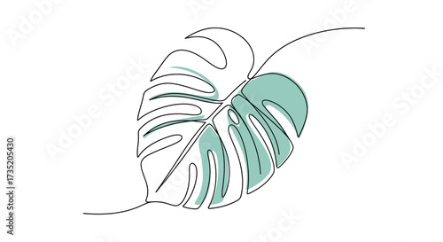 Monstera Leaf Continuous Line Drawing with Teal Accents for Minimalist Design fifty characters