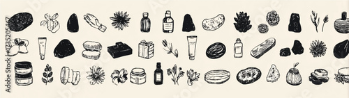 Hand drawn cosmetic products and natural elements in vector format for beauty and wellness industry promotion