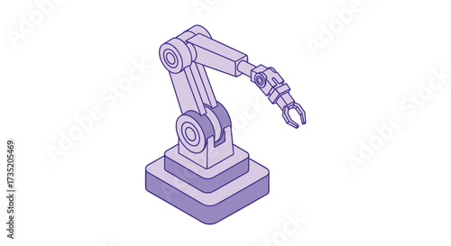 A futuristic purple robotic arm with a gripper is poised for action on a white background.