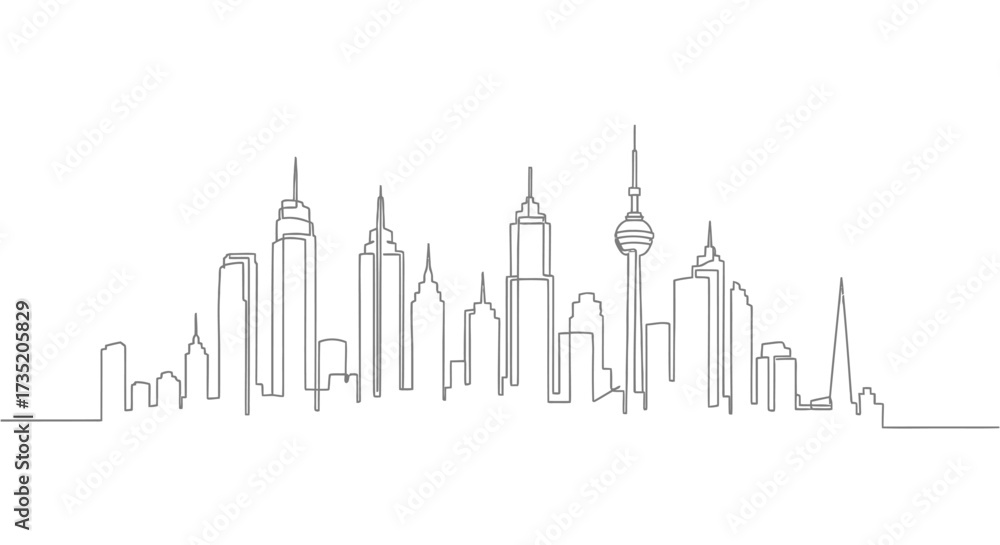 Obraz premium Minimalist Cityscape Outline: A Continuous Line Drawing of an Urban Skyline