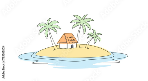 Cartoon illustration depicting a tropical island with a hut and palm trees isolated against a