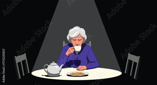 An elderly woman enjoys a cup of tea and biscuits in a spotlighted room.
