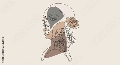 Elegant line art illustration featuring a woman's profile adorned with delicate flowers
