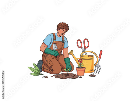 Gardener tending to a newly planted seedling with tools, showcasing gardening, nature, and growth in a vector style