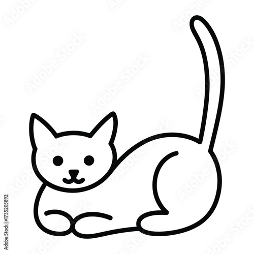 Illustration of a cat lying down with its tail up, represents a domestic pet, feline, and a cute animal in a relaxed pose