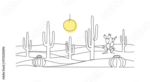 Minimalist desert landscape with cactus, sun, and rolling hills perfect for backgrounds