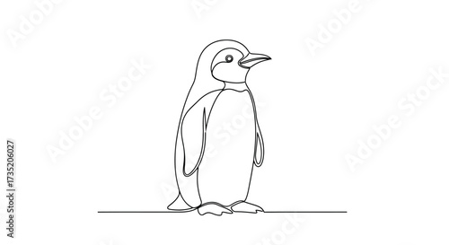 Elegant minimalist line art illustration of a penguin standing confidently on a white background