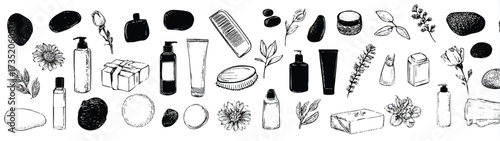Hand drawn spa and beauty products illustration representing wellness relaxation and organic lifestyle choices promoting self care