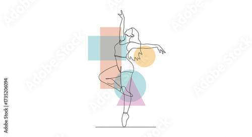 Elegant ballerina in graceful pose with pastel geometric shapes background minimalist art style