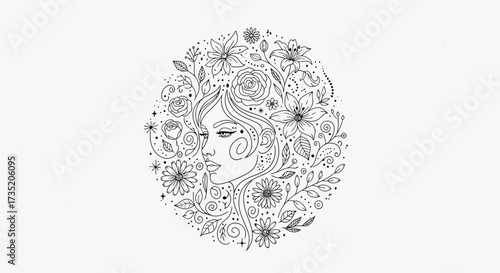 Elegant woman profile surrounded by flowers in a sophisticated line art style composition