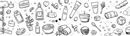 Hand drawn spa and wellness items vector doodle illustration for relaxation treatment concept and skin care product design