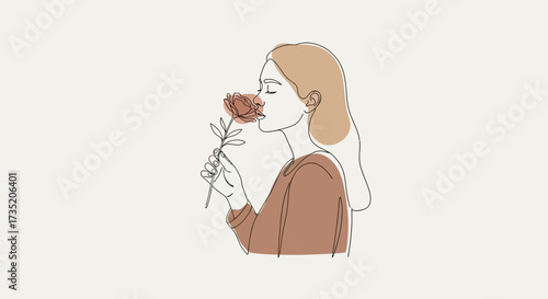 Elegant line art of a woman smelling a flower conveying serenity and beauty gracefully