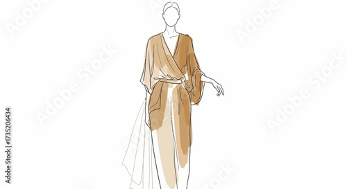 Elegant fashion illustration showcasing a stylish beige kimono-inspired outfit design sketch