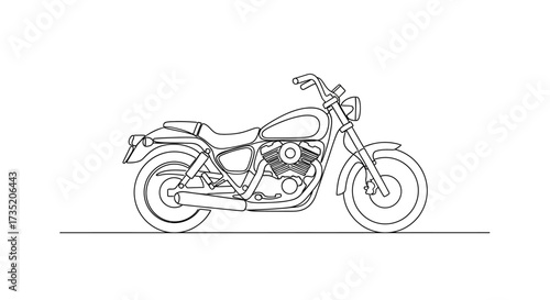 Detailed outline of a motorcycle on a clean white background offers a classic aesthetic minimal