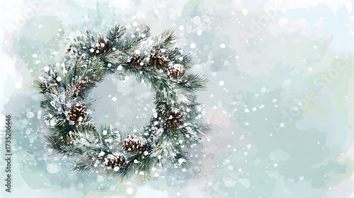 Festive Christmas wreath with snowflakes on artistic watercolor background, a holiday card design element. (节日氛围浓厚的圣诞花环，艺术水彩背景上有雪花，是节日贺卡的设计元素。)