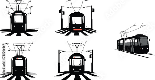 Tram silhouettes, streetcar illustration, railway transport, metro vector, city train, urban transportation, electric tram, public transport, travel design, commuter art