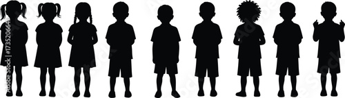 Silhouette of diverse children standing together, boys and girls group, childhood concept, kids unity, teamwork, friendship, education, outdoor play, family