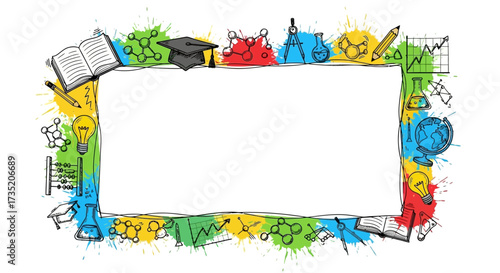 Colorful education frame border with science and school supplies doodles illustration